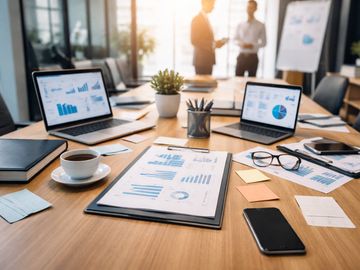 Business meeting setup with laptops, charts, coffee, and documents on a wooden table.