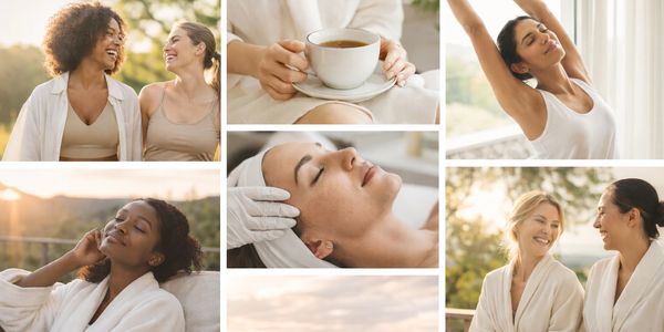 Collage of women enjoying relaxation, spa treatments, and joyful moments outdoors.