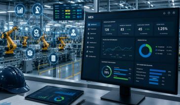 Manufacturing floor with robotic arms and a digital dashboard monitoring production metrics.