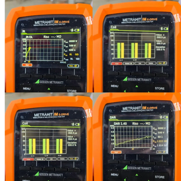 Screens showing electrical measurements on a Metrahit IM E-Drive device.