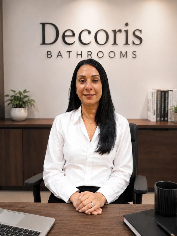 Professional woman sitting at a desk in a bathroom showroom office.