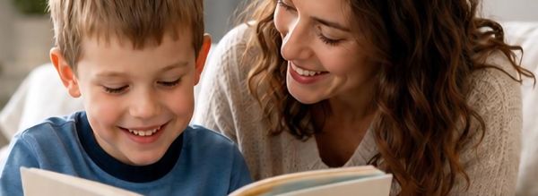 Woman reading a book with a young boy.
