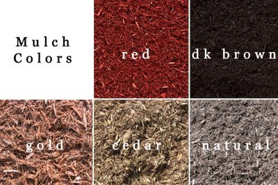 Five different mulch colors displayed: red, dark brown, gold, cedar, and natural.
