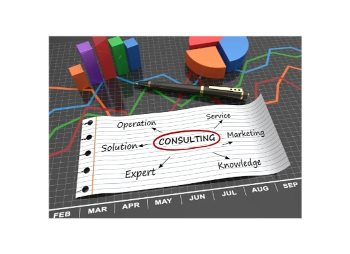Consulting concepts highlighted on a paper over financial charts with graphs and pie charts.