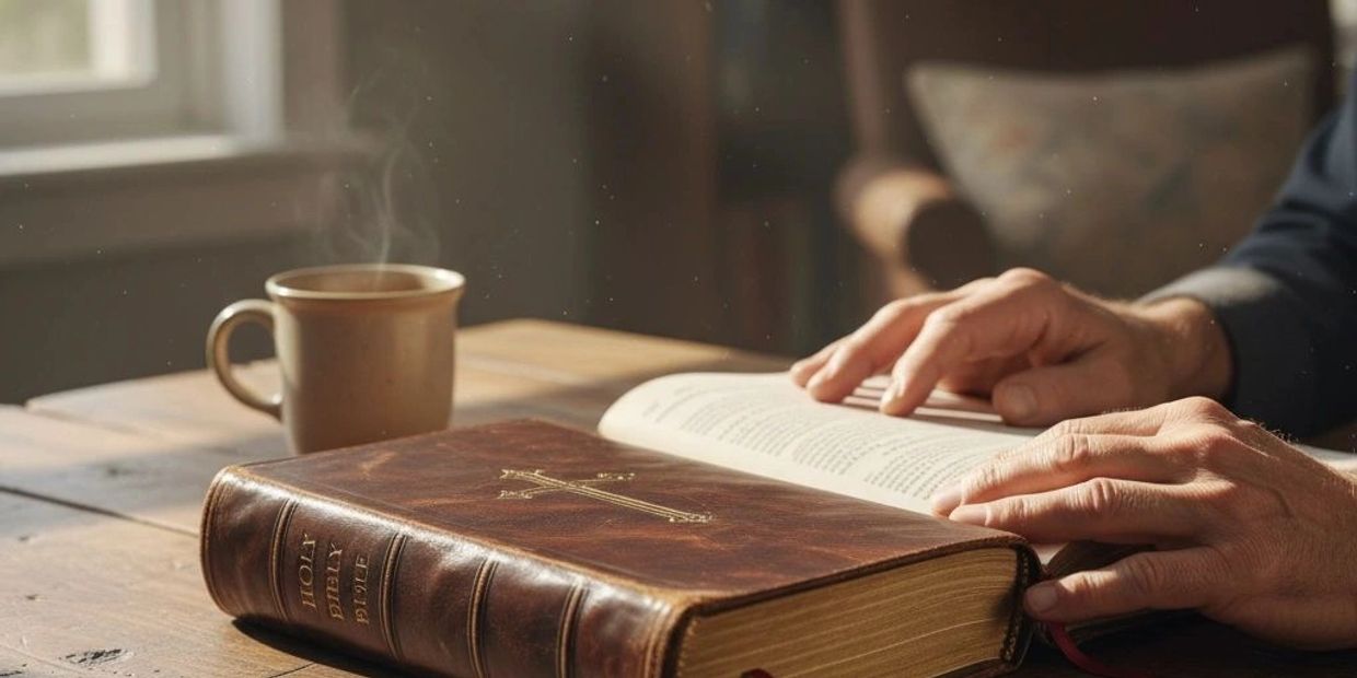 Person reading the Holy Bible with a steaming cup of coffee nearby.