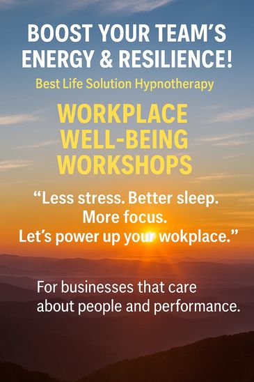 Sunset backdrop with text promoting workplace well-being workshops for team energy and resilience.