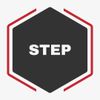 Hexagonal badge with the word STEP in bold white letters.