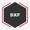 Hexagonal logo with the letters DXF in white on a black background, outlined in red.