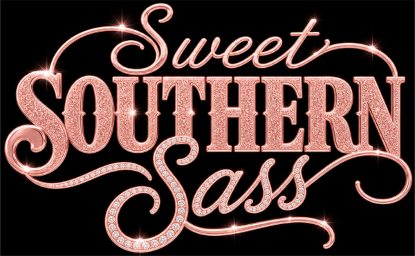 Glittering rose gold text saying 'Sweet Southern Sass' on black background.