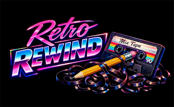 Retro Rewind neon sign with pencil and tangled cassette tape.
