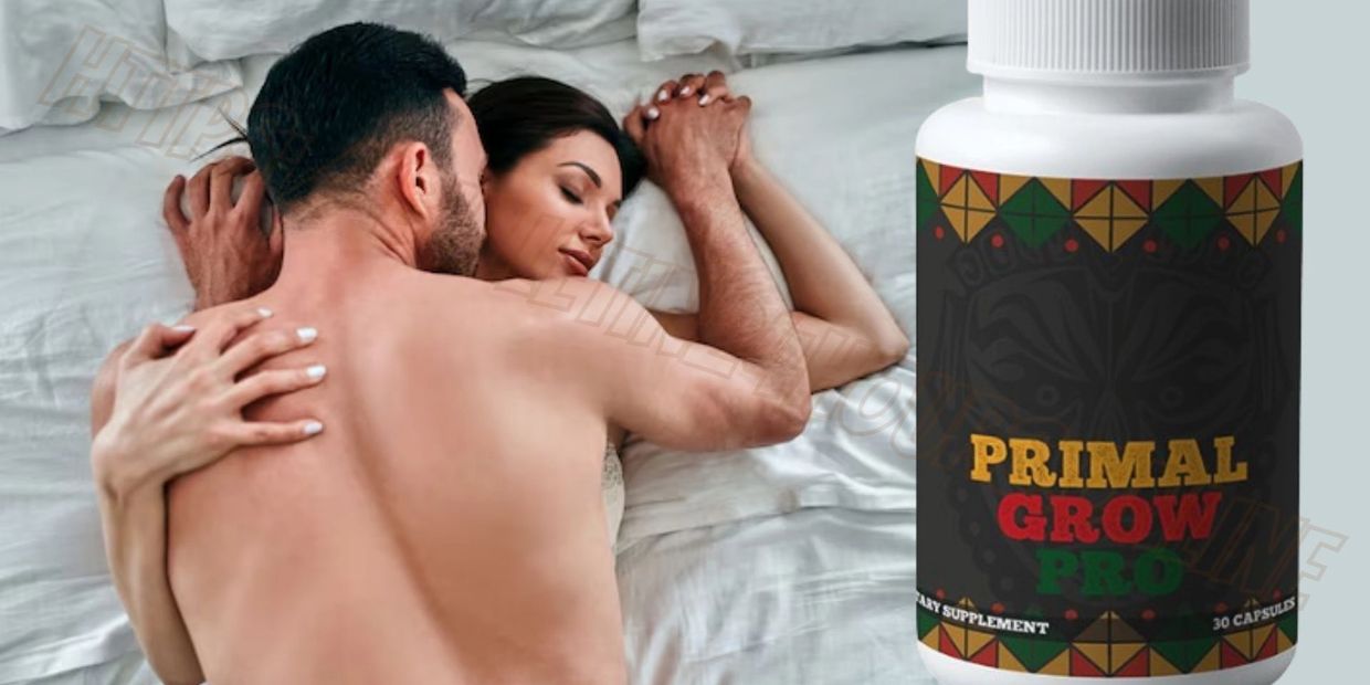 Couple embracing in bed with a bottle of Primal Grow Pro supplement.