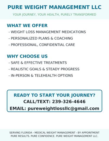 Flyer for Pure Weight Management LLC offering weight loss medications and coaching.