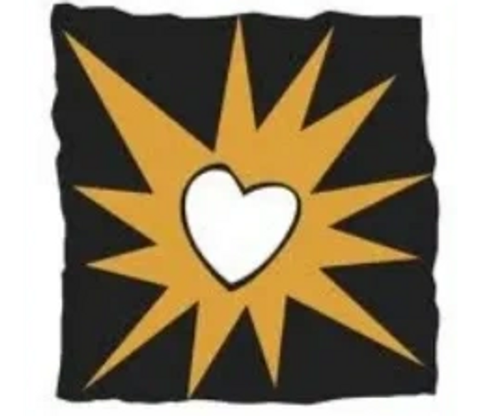 black square with gold star burst with a white heart inside.