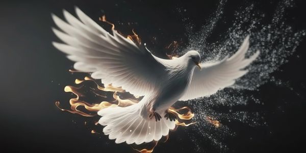 A white dove with fiery and sparkling effects against a dark background.