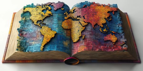 Open book with a colorful 3D world map carved inside.