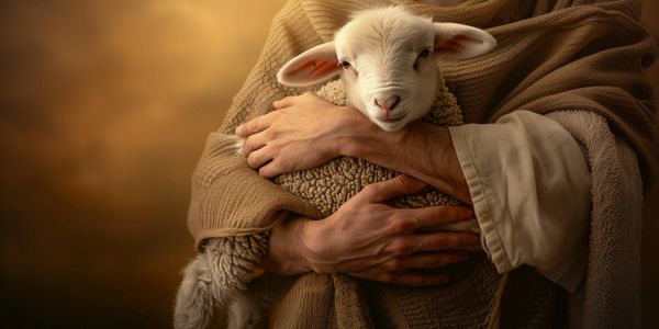 A person tenderly holding a lamb wrapped in a brown cloth.