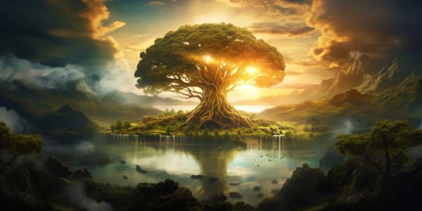 A glowing, majestic tree on a small island during sunset.