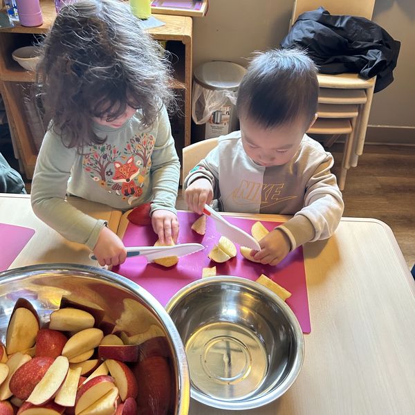 Two children cutting apple slices at a table with metal bowls.