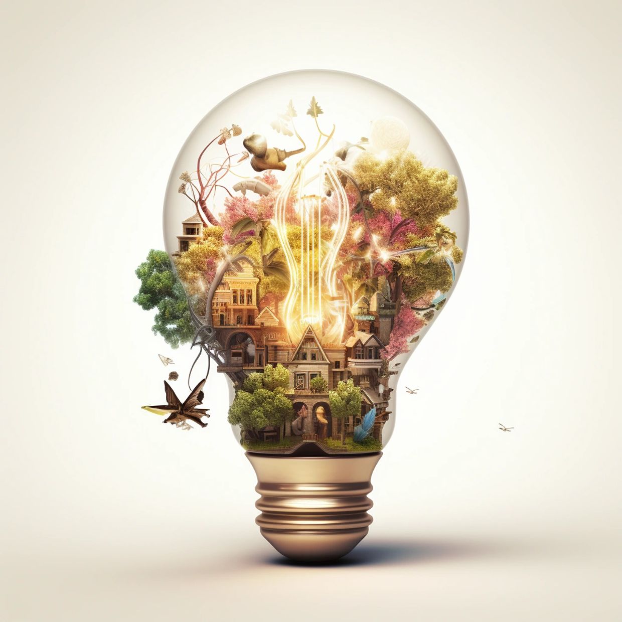 AI generated image of a large lightbulb with a miniature building and trees and animals inside.