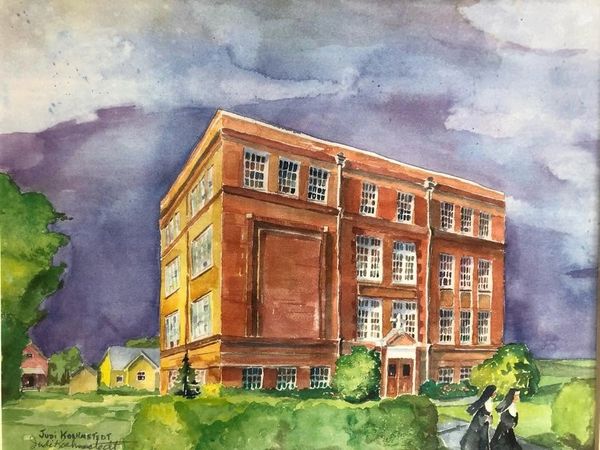 Watercolor painting of a brick building under a cloudy sky.