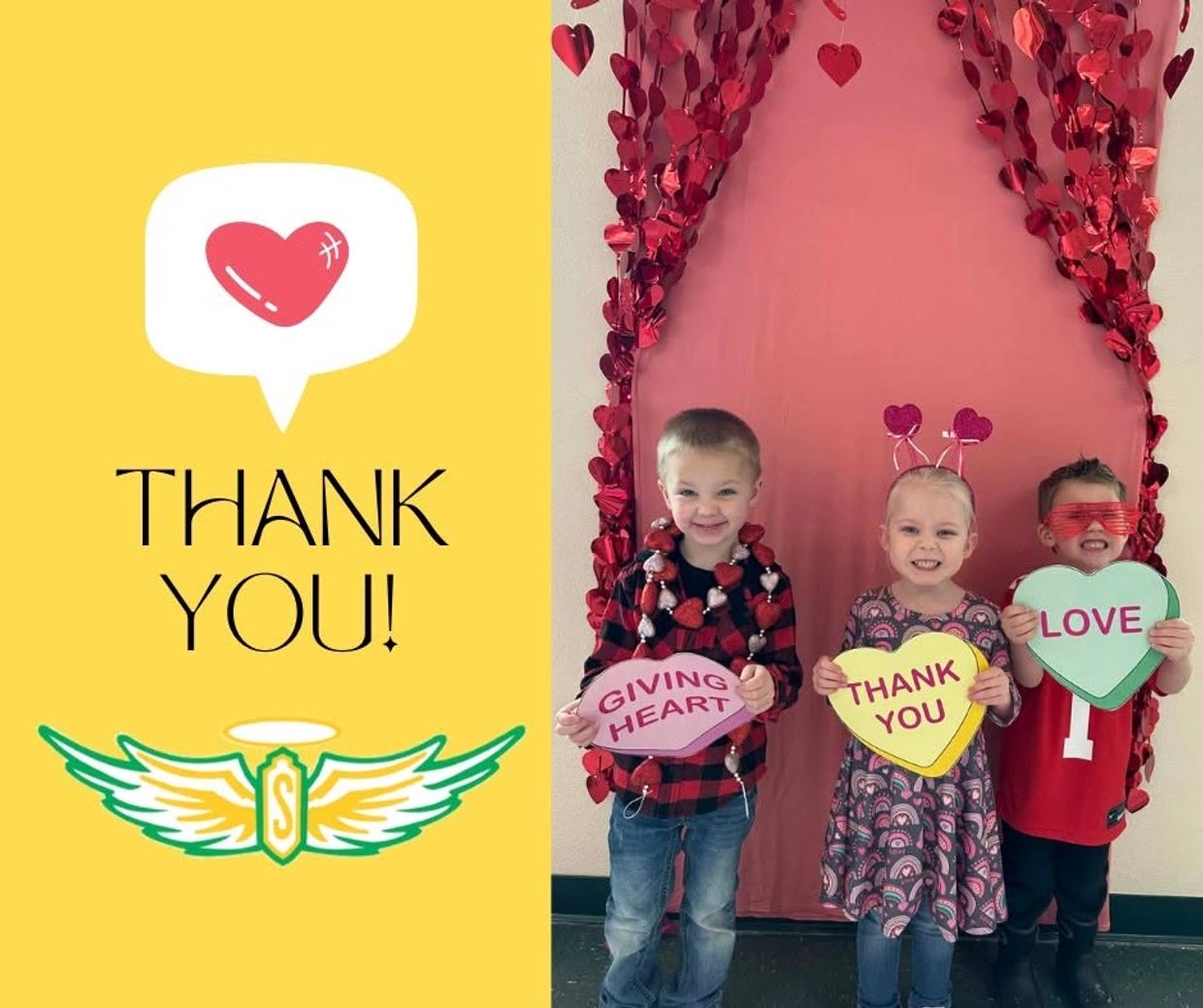 Three kids holding heart signs with a thank you message.