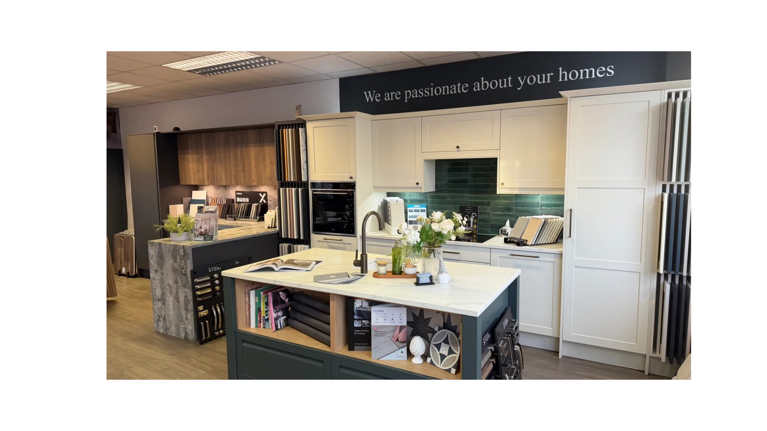 Kitchen displays and samples inside Osprey Interiors showroom in Rugeley