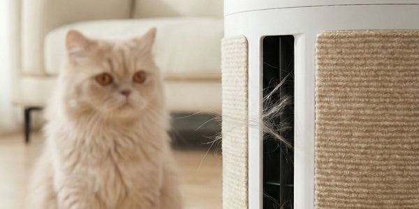 Fluffy cat watching hair being pulled into a vacuum.