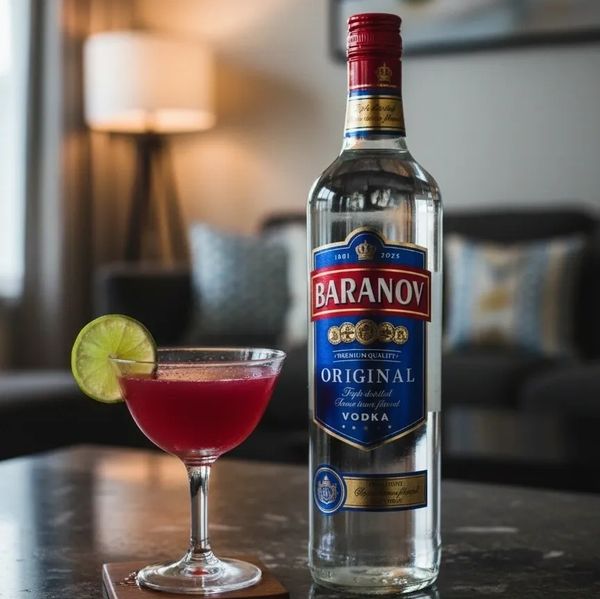 A bottle of Baranov vodka next to a red cocktail with a lime garnish.