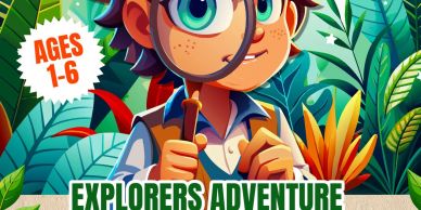 Young explorer cartoon in a jungle.