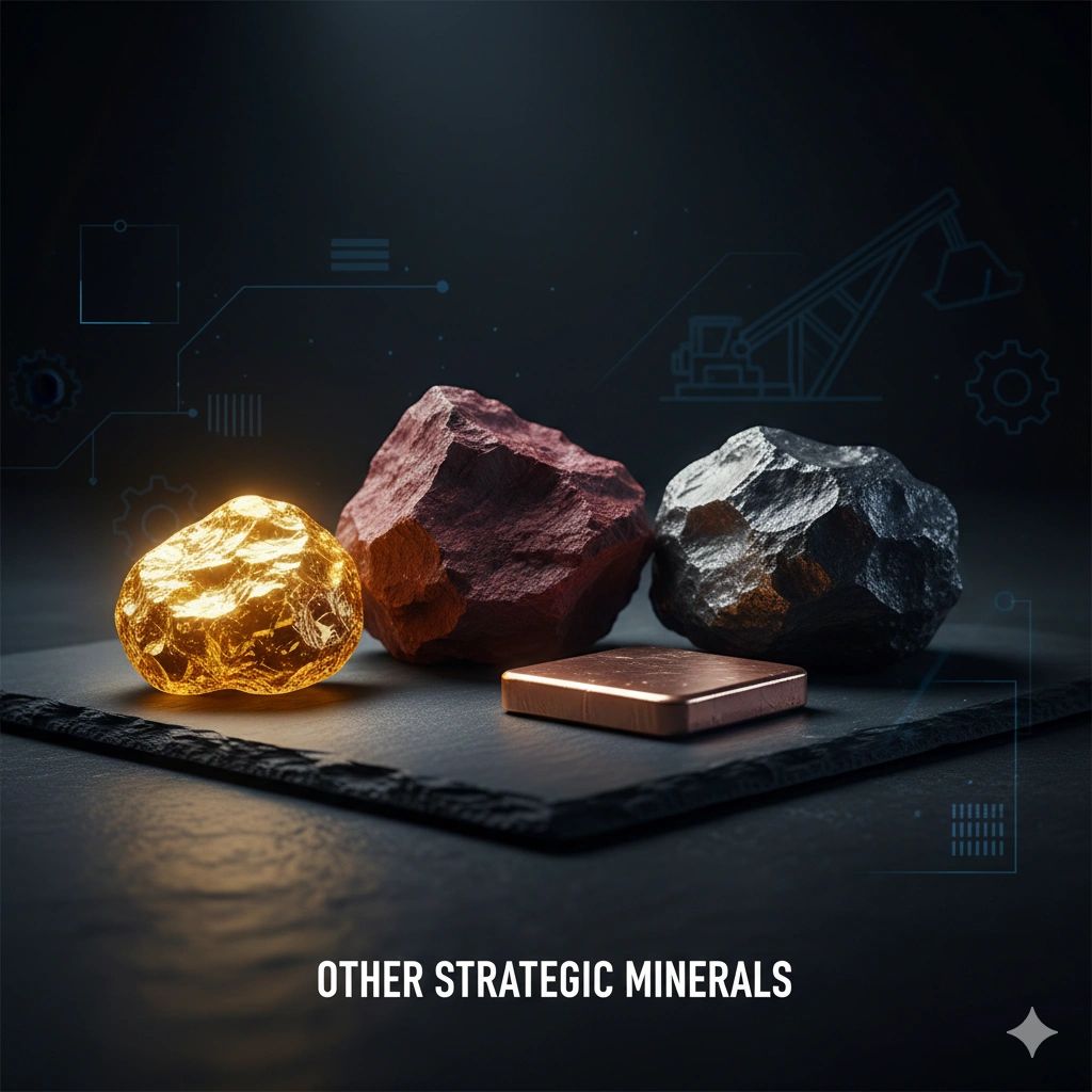 Three strategic minerals displayed on a dark surface with industrial icons in the background.