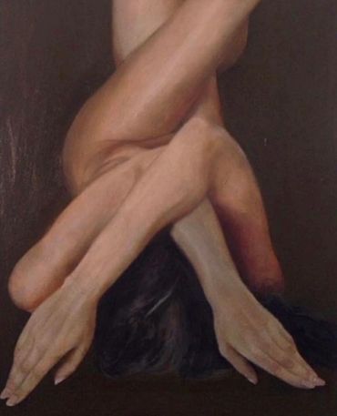 Intertwined human limbs creating an abstract, surreal form.