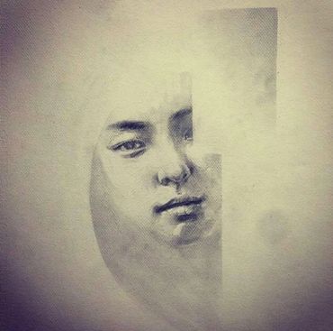 A pencil sketch of a face partially erased or faded on one side.