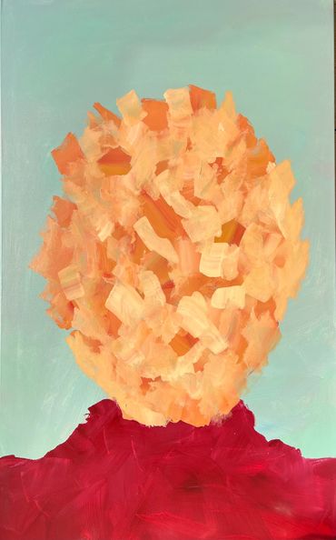 Abstract painting resembling a bouquet of orange flowers on a red surface.