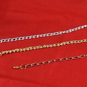 Three metallic chains in silver and gold on a red background.