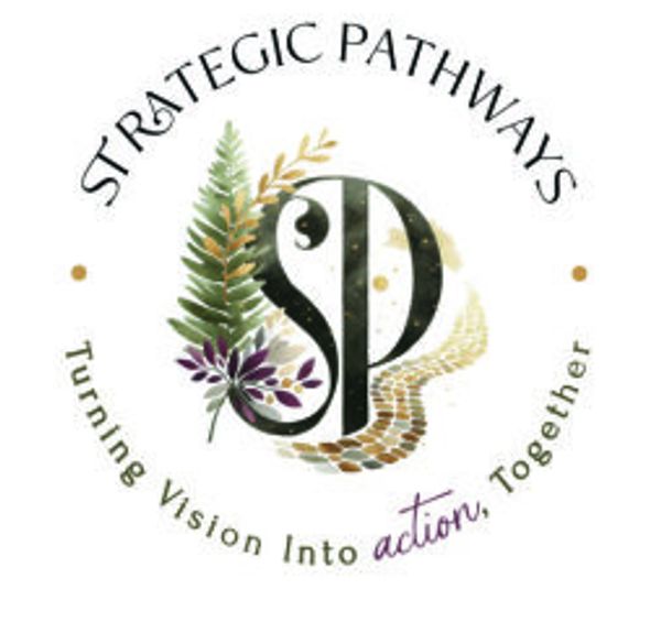 Logo for Strategic Pathways featuring natural elements and a motivational tagline.