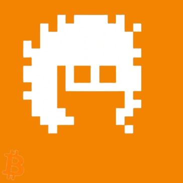 Pixelated white cartoon face on an orange background.