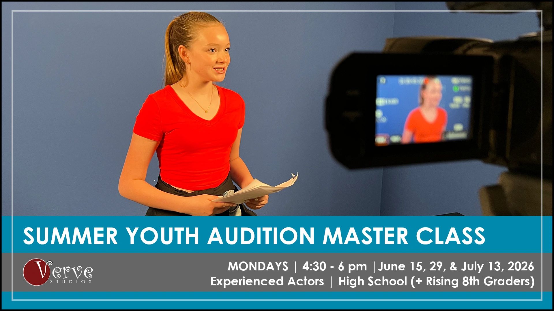 Teen girl practicing audition lines on camera in a studio setting.