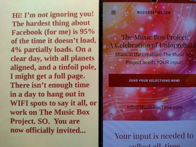 A two-part message about challenges with Facebook and a call for input on The Music Box Project.
