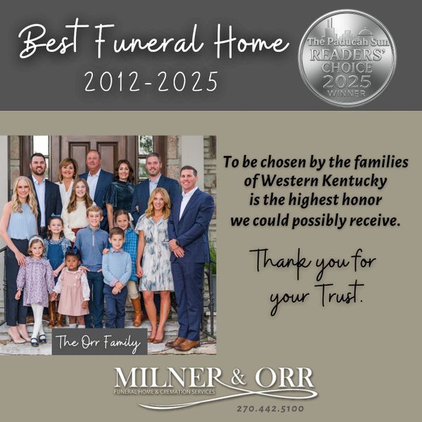 Award-winning funeral home with the Orr family, honoring trust since 2012.