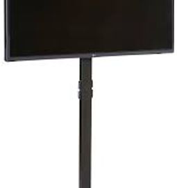 Black TV mounted on an adjustable stand.