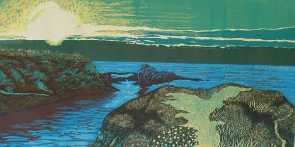 Stylized coastal landscape with rocky shores and a bright sun over the sea.