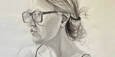 Monochrome watercolor portrait of a woman wearing glasses and a black tank top.