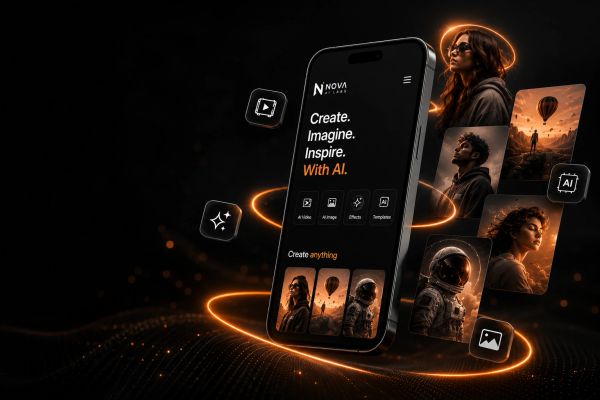 Futuristic AI-powered creative app interface on smartphone with glowing effects.