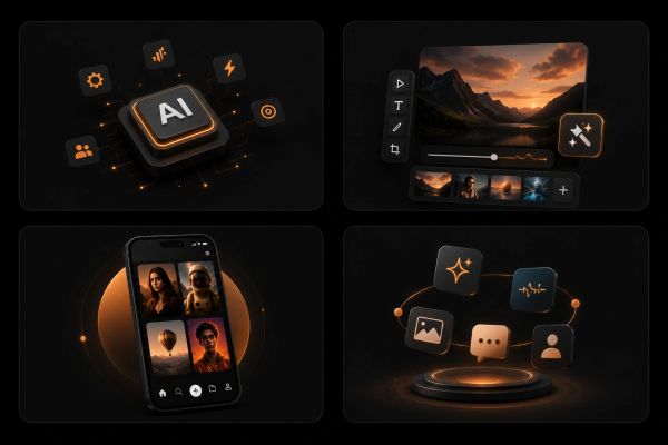 AI-powered digital content creation and editing interface with futuristic icons and mobile app display.