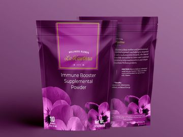 Immune Booster Powder in a purple bag with purple flowers.