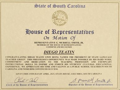 Certificate from South Carolina House of Representatives honoring Diego Teatin.