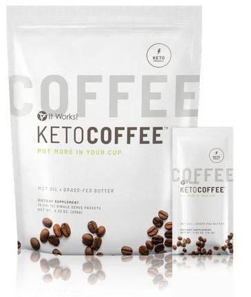 A white pack and sachet of Keto Coffee