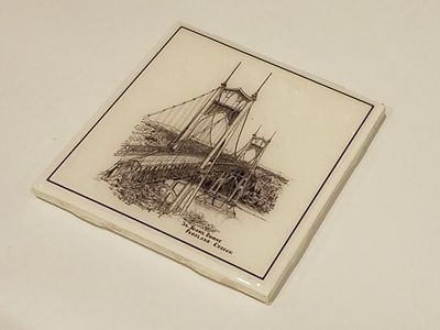 Handmade 4.25" square ceramic coaster with original pen and ink art