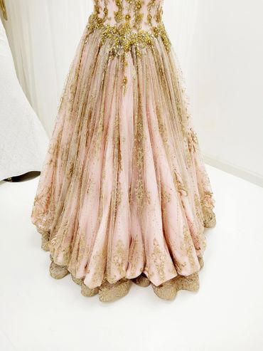 Custom evening gown for bride at gypsy wedding reception. Pink with gold accent throughout.