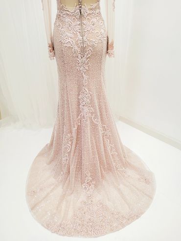 Luxurious Mermaid Engagement Formal Evening Dress | Blush Pink Beaded Long Sleeves Gown with Train